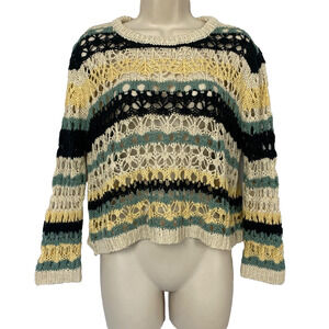 ASTR the Label Sweater Women Small Crochet Open Knit Stripe Crop Jaded Black Tan